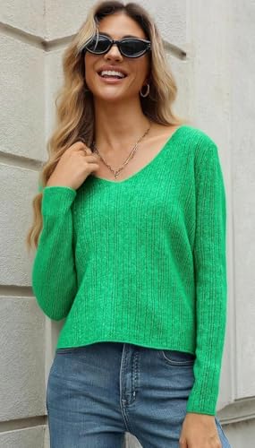 Image of Simple&Opulence Women's Long Sleeve V-Neck Sweater Off-Shoulder Light Cropped Sweaters for Women Wool Sweater S-XL