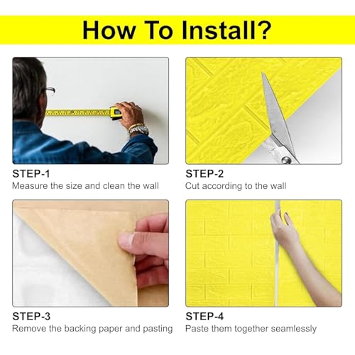 Image of POZET 3D Brick Wallpaper PE Foam self Adhesive Brick Design Wall Stickers /DIY Wallpaper for Home Hotel Living Room Bedroom Cafe Deco (70 x 77 cm) (Yellow) Pack of 6