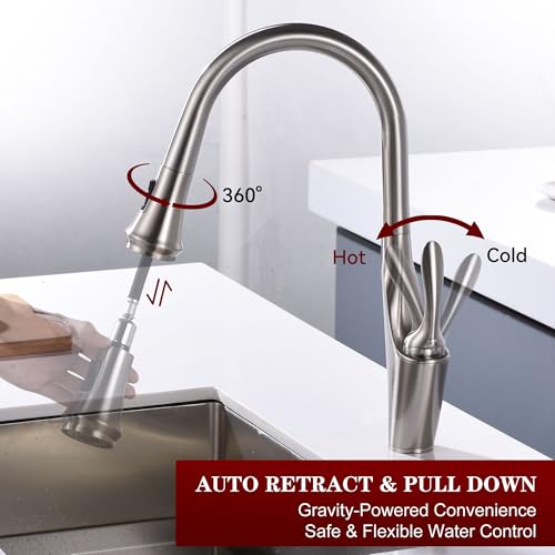 Image of sumerain Brushed Nickel Single Handle Pull Out Kitchen Faucet, Stainless Steel 1 Hole Kitchen Sink Faucet with Pull Down Sprayer