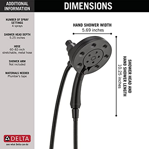 Delta Faucet 4-Spray H2Okinetic In2Ition 2-In-1 Dual Hand Held Shower Head With Hose And Magnetic Docking, Matte Black 58472-Bl #TOP3