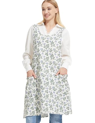 Image of Cozy Adjustable Cross Back Aprons for Women with Pockets Cotton Linen Cooking Kitchen Baking