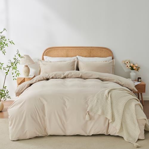 OAITE 100% Washed Cotton Duvet Cover King Size Soft Breathable Durable Bedding with Zipper Closure & 8 Corner Ties- 3 Pieces Plain Simple Duvet Cover Set,2 Pillow Shams,1 Duvet Cover(104