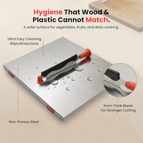 Image of Stainless Steel Chopping Board with Knife Attached, Large Steel Cutting Board for Kitchen with Anti Slip Pads, Vegetable Cutting Board Stainless Steel 35.5 x 31 cm