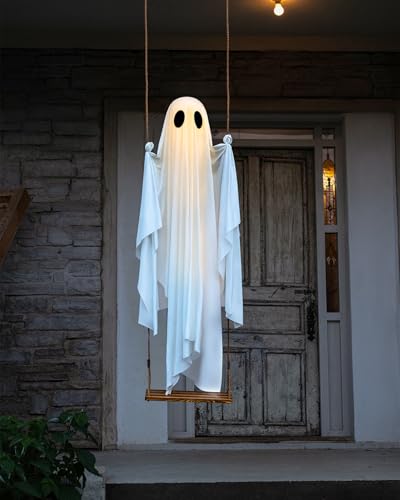 MERKYOM Halloween Decorations Outdoor - 5 FT Large Hanging Swing Ghost Halloween Decor with String Lights の商品画像 6