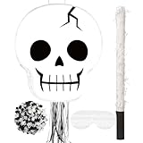 Aoriher Halloween Pinata Skeleton Pull String Pinata Day of the Dead Skull Pinata with Stick Blindfold and Confetti Filled Pinata for Halloween Decoration Mexican Birthday Party Game Supplies