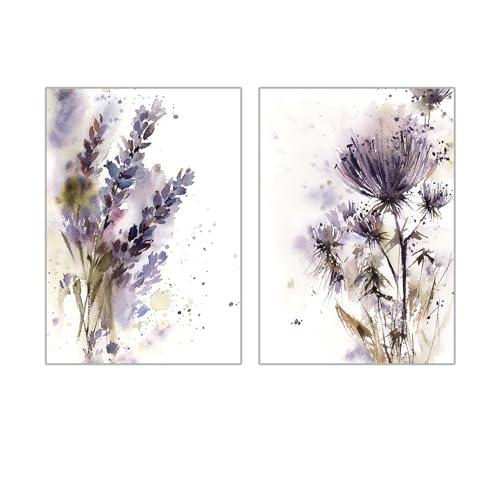 Pinturas de lienzo abstractas con acuarela de flores moradas para salón, 50x70 cm (2 piezas)