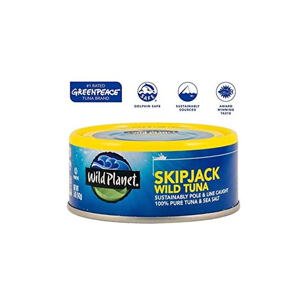 Wild-Planet-Skipjack-Wild-Tuna-Sea-Salt-Keto-and-Paleo-3rd-Party-Mercury-Tested-5-Ounce-Pack-of-12 Wild Planet Skipjack Wild Tuna, Sea Salt, Canned Tuna, Pole & Line Sustainably Wild-Caught, Non-GMO, Kosher, 5 Ounce Can (Pack of 12)