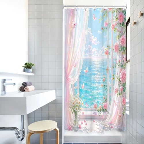 Image of Riyidecor Pink Ocean Roses Shower Curtain 36Wx72H Inch Small Stall Beachy Coastal Floral Flower Pretty Butterfly Hawaii Summer Scenery Beachside Bathroom Decor Fabric Polyester Waterproof 7 Pack Hooks