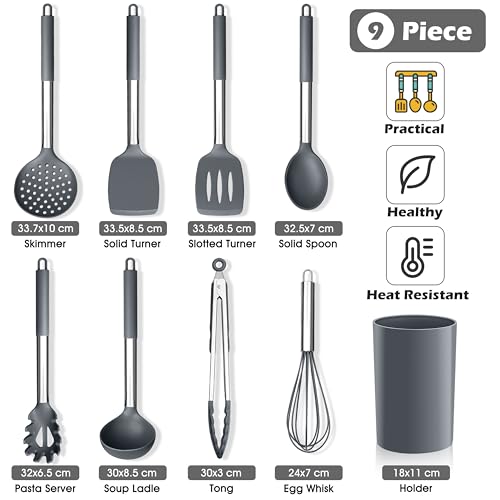 Herogo Grey Kitchen Utensil Set, 9 Pcs Silicone Cooking Utensil with Holder - Image 2