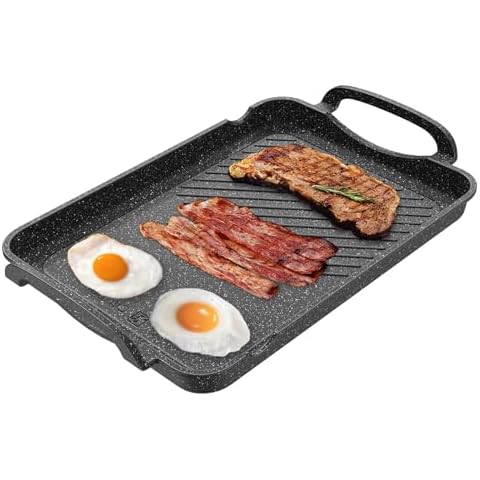 Bazova Nonstick Stove Top Griddle/Grill,16.5"x12.0", Double Burner Granite Griddle Pan,Cast Aluminum Induction Pancake Breakfast Maker, Light-Weight Flat Top Grilling Plate for Gas Grill Camping & BBQ Cover