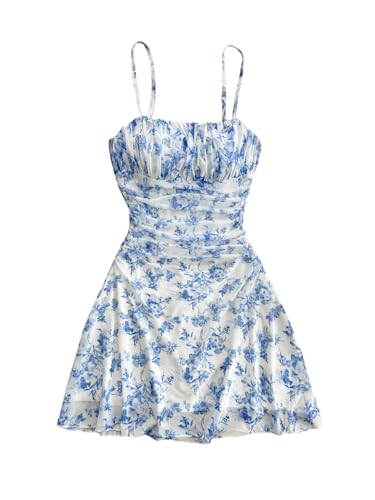 Image of GORGLITTER Girl's Ditsy Floral Mesh Cami Mini Dresses Ruched A Line Flared Ruffle Summer Vacation Dress Blue 9Y