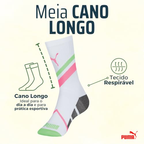 Kit 04 Pares de Meia Puma Cano Longo Esportiva Sola Atoalhada Poliamida | 2 Branco - 2 Marinho | 34-