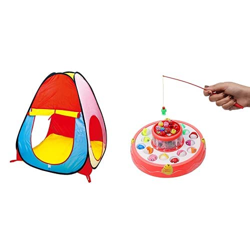 Image of Popsugar Camp N Play Tent for Kids | Indoor or Outdoor, Foldable Tent, Portable, Multicolor & Popsugar Fishing Game Set, Pink Combo