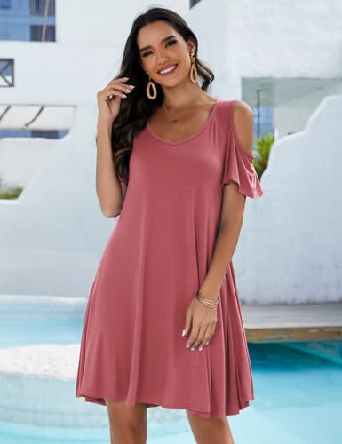 Image of JollieLovin Womens Plus Size Short Sleeve Cold Shoulder V Neck T-Shirt Dress with Pockets