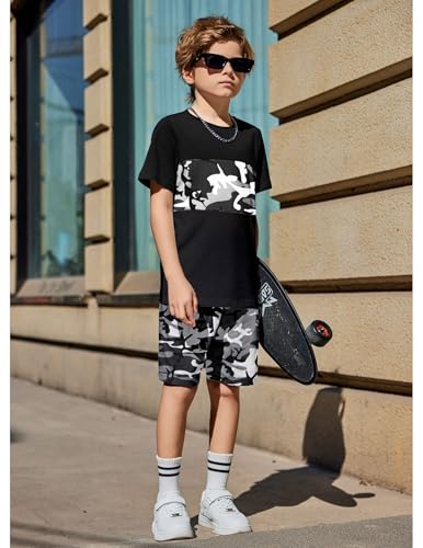 Image of Arshiner Boys' 2-Piece Cotton Outfit Color Block T-Shirt and Shorts Set Summer Camo Clothes for Kids 5-14 Years