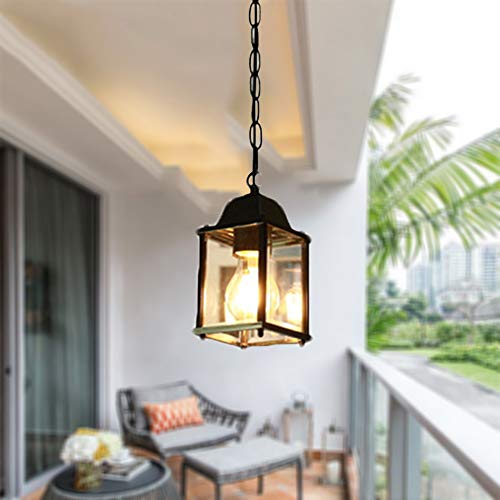 Pendentif En Plein Air Suspendus Lanterne Étanche Lustre Métal Terrasse Patio Clôture Extérieur Plafond Suspension E27 Aluminium imperméables pour Porche Couloir Véranda Cour Chambre, Noir