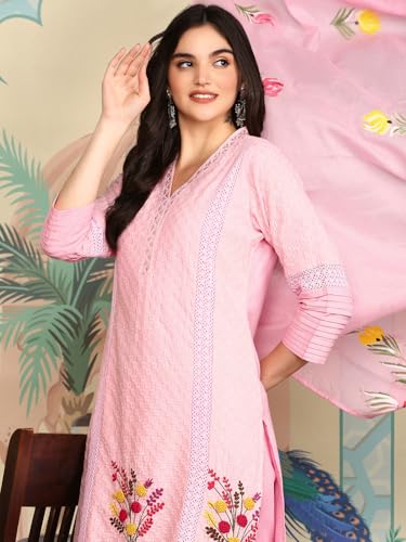 Image of ishin Pink Floral thread work V-Neck Pure Cotton Straight Kurta With Trousers & Dupatta | Kurta set for women | Kurta with trousers and dupatta