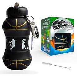Botella de bebidas de baloncesto para niños, botella deportiva, botellas de agua plegables de silicona para niños, a prueba de fugas, llavero, botella de agua de 550 ml para niños (negro dorado)