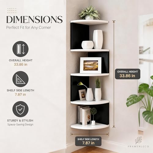 FRAWENLECO No-Drill Corner Shelf Wall Mount, 5-Tier Floating Corner Bookshelf with Hooks, Space-Saving Zigzag Plant Shelf for Bedroom, Living Room, Bathroom, Home Office(White & Black) — view 3