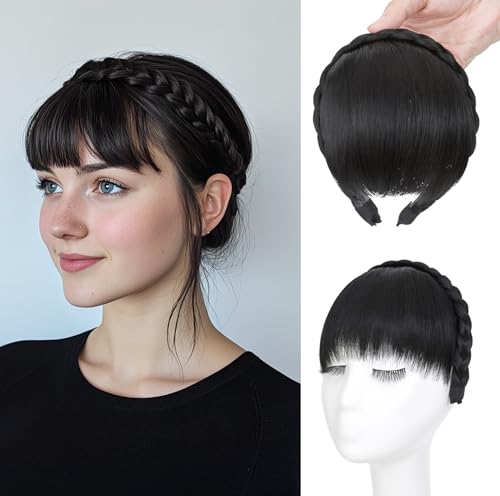 S-noilite Diadema con flequillo, diadema con flequillo para pelucas, diadema de pelo sintético trenzado peluca extensiones de cabello para mujeres niñas -Negro natural