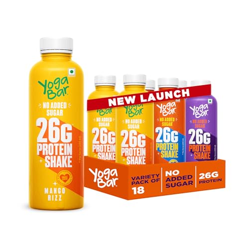 Image of Yogabar Protein Shake - Variety Pack of 18 (Chocolate, Coffee & Mango each Pack of 6) | 26g Protein Milkshake with No Added Sugar | Ideal Pre & Post Workouts Energy Drink