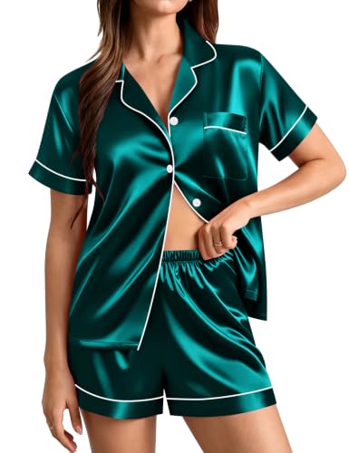 Image of SWOMOG Womens Silk Satin Pajamas Set Short Sleeve Sleepwear Button Down Top and Shorts Loungewear 2 Piece Pjs Set XS-3XL