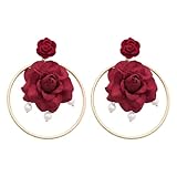 Perlas de flores rojas Pendientes de cuelga para las mujeres, pendientes de aro de flores de tela bohemia, accesorios de oído de fiesta del festival (Red)