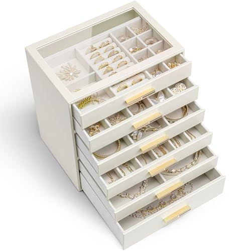 Vlando Joyero grande, joyero con 6 niveles, organizador de joyas con tapa de cristal, 6 cajones,...