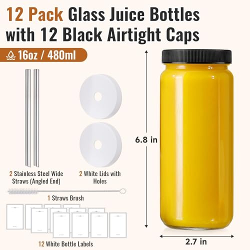 Image of 12 PACK 16OZ Glass Juice Bottles with 12 Sealed Lids & 2 Straw Lid & Straws | Food Grade Thick Glass, Freezable, Airtight Juicer Container, Travel Juicing Jars, Drinking Water Cups for Tea, Smoothies