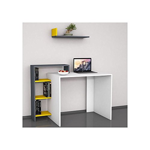 Homemania bureau Swan, hout, wit-antraciet-geel, 118,2x60x90,8 cm - 60x22x15,8 cm