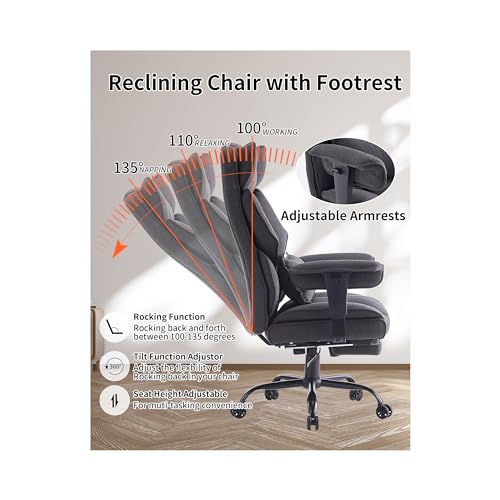 Image of Efomao Fabric Office Chair, Big and Tall Office Chair 400 lb Weight Capacity, High Back Executive Office Chair with Foot Rest, Ergonomic Office Chair for Back Pain Relief, Dark Grey