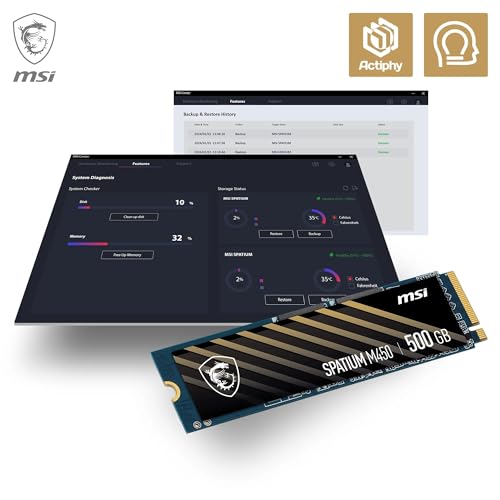 MSI SPATIUM M450 SSD 500GB - Disque SSD Interne 500 Go, PCIe 4.0 NVMe M.2, Lecture 3600 MB/s & Écriture 2300 MB/s, 3D NAND, Sécurité des Données Intégrée, Center, 300 TBW,