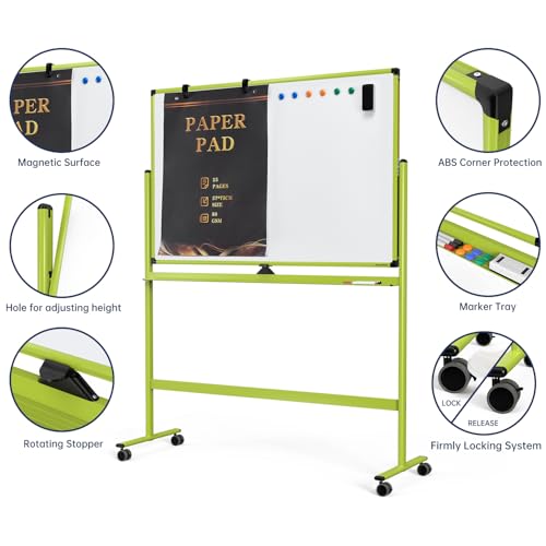 Image of Large Dry-Erase Rolling Magnetic Whiteboard - 48 x 32 Inches Dry Erase Board with Stand Height Adjust Double Sides Mobile White Board Easel on Wheels with 25 Sheets Paper Pad Office, Home & Classroom