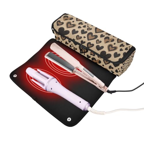 Estuche de viaje 2 en 1 para rizadores y planchas de pelo con alfombrilla resistente al calor, organizador impermeable para planchas y secador, diseño con estampado animal marrón y negro miniatura 2