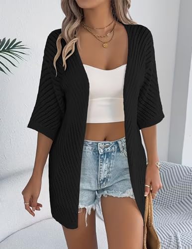 Image of Zeagoo Lightweight Summer Cardigan for Women Short Sleeve V Neck Crochet Kimonos Loose Open Front Hollow Out Cover Ups