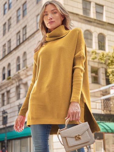 Image of LILLUSORY Women's Turtleneck Oversized Sweaters Long Batwing Sleeve Spilt Hem Tunic Pullover Knit Tops