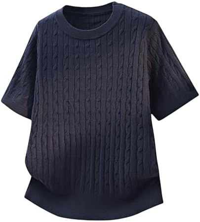 （19:30時点） [Nishikiori] Tシャツ 夏服 メンズ 半袖 ニット 薄手 セーター 涼しい カットソー 通気性 吸汗速乾 快適 クルーネック ケーブル編み シンプル オシャレ ファッション 無地 オールドマネースタイル 柔らかい肌触り 夏用 navy-L
