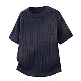 [Nishikiori] Tシャツ 夏服 メンズ 半袖 ニット 薄手 セーター 涼しい カットソー 通気性 吸汗速乾 快適 クルーネック ケーブル編み シンプル オシャレ ファッション 無地 オールドマネースタイル 柔らかい肌触り 夏用 navy-3XL