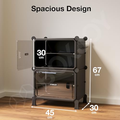 Image of BOXJOY 4 Shelf Black Shoe Rack with 2 Transparent Doors & Steel Holder | Hard PET Plastic Door with Metal Frame & Wooden Hammer, Home Shoes Stand Organiser with Feet to Cover Chappal Slipper Sandals