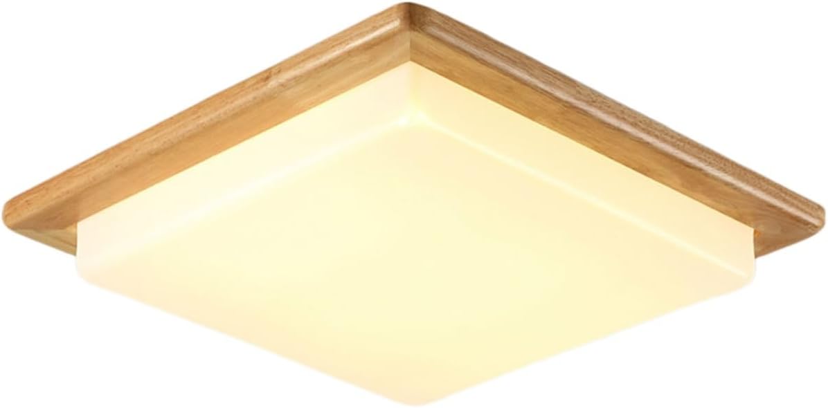 Dimmable LED Ceiling Light with Wood Base - 6000K Cool White Square Semi Flush Mount Lamp for Bedroom, Living Room, Hallway - Japanese Style Indoor Lighting