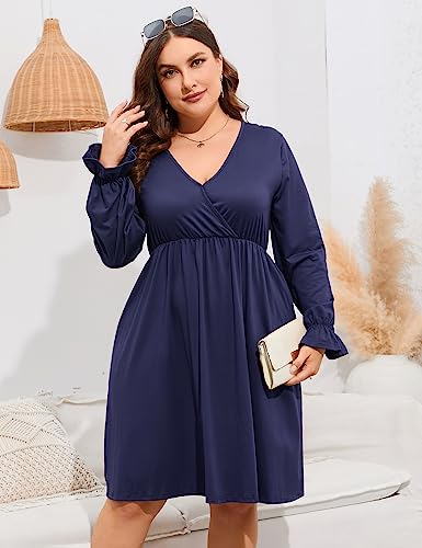 Image of ShopWonder Plus Size Dress Women's V Neck A-Line Knee Length Wrap Swing Dresses Plus Size A Line Party Mini Dress