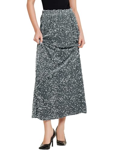 Allegra K Sequin Velvet Skirt for Women's Elastic Waist Sparkle Party Maxi Skirt
