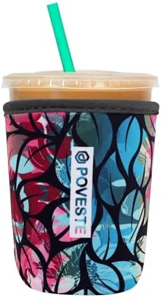 Reusable Neoprene Insulator Sleeve for Iced Coffee & Cold Soda, Coffee Sleeves for Iced & Hot Drinks, Cold Beverage Cooler Compatible with Starbucks, Dunkin (Blue&Pink Leave, Small: 16-18oz)