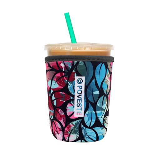 Reusable Neoprene Insulator Sleeve for Iced Coffee & Cold Soda, Coffee Sleeves for Iced & Hot Drinks, Cold Beverage Cooler Compatible with Starbucks, Dunkin (Blue&Pink Leave, Small: 16-18oz)