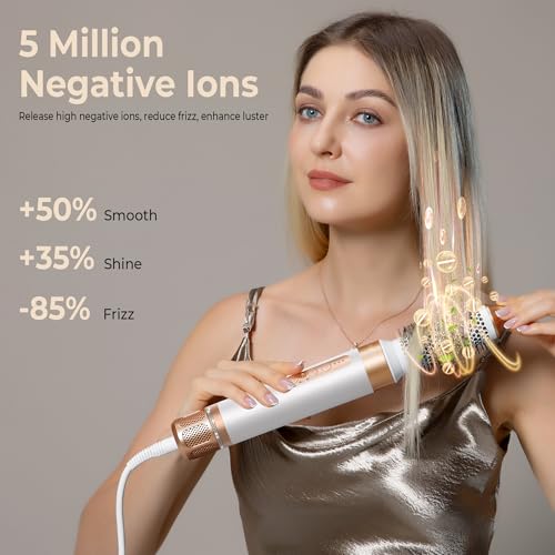 Image of 7 in ONE Hair Dryer Brush, Powerful Blow Dryer Brush with Air Curler for Hair, Brush Blow Dryer with Diffuser, Ionic Hot Air Brush Fast Dry, Volumize, Curls, Straight, Hair Styling Tools 100-120V