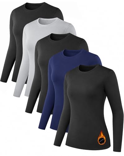 NebuKinex 5 Pack Long Sleeve Thermal Shirts for Women Ultra Soft Fleece-Lined Crew Neck Workout...