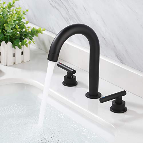 KES Black Bathroom Faucet 8-Inch Widespread Bathroom Faucet 3 Hole Bathroom Faucet 2 Handle Brass Bathroom Sink Faucet with Supply Hoses, L4317ALF-BK