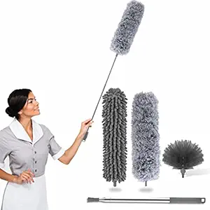 Voetex Zone's Microfiber Feather Duster 4PCS - Extendable & Bendable Dusters with Long Extension Pole, Washable Lightweight Dusters for Cleaning Ceiling Fan, High Ceiling (3 in 1 Duster)