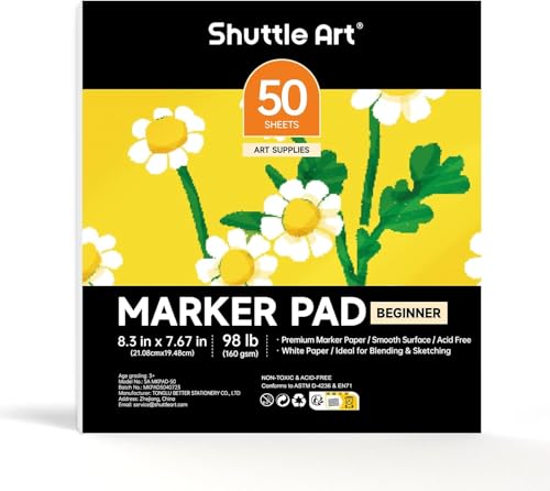 Shuttle Art スケッチブック マーカー用画用紙 50枚 クロッキーブック お絵かき帳 自由帳 210×195mm 160GSM アルコールマーカー用 ミシン目付 デッサン スケッチ メモ ノート 落書き イラスト 写生帳 サイン帳 中性紙 持ち運び便利 初心者 子供 学校・旅行・野外スケッチ用の商品画像（Amazon）