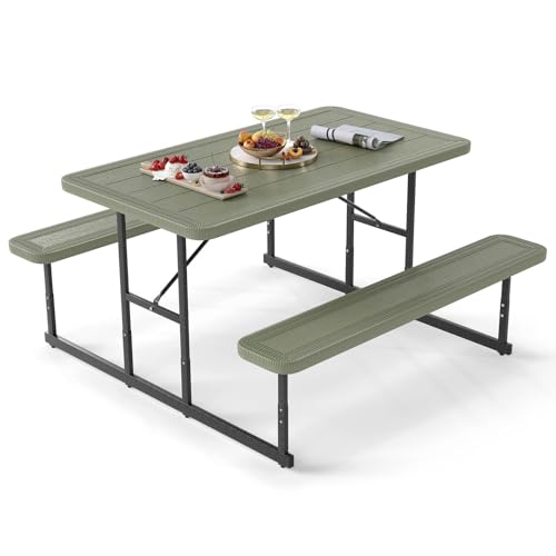 Costway Picnic Table Bench Set for 2-4 People, Outdoor Rectangular Camping Dining Table & 2 Benches w/Umbrella Hole, All-Weather HDPE Tabletop, Heavy-Duty Metal Frame (Green+Black)